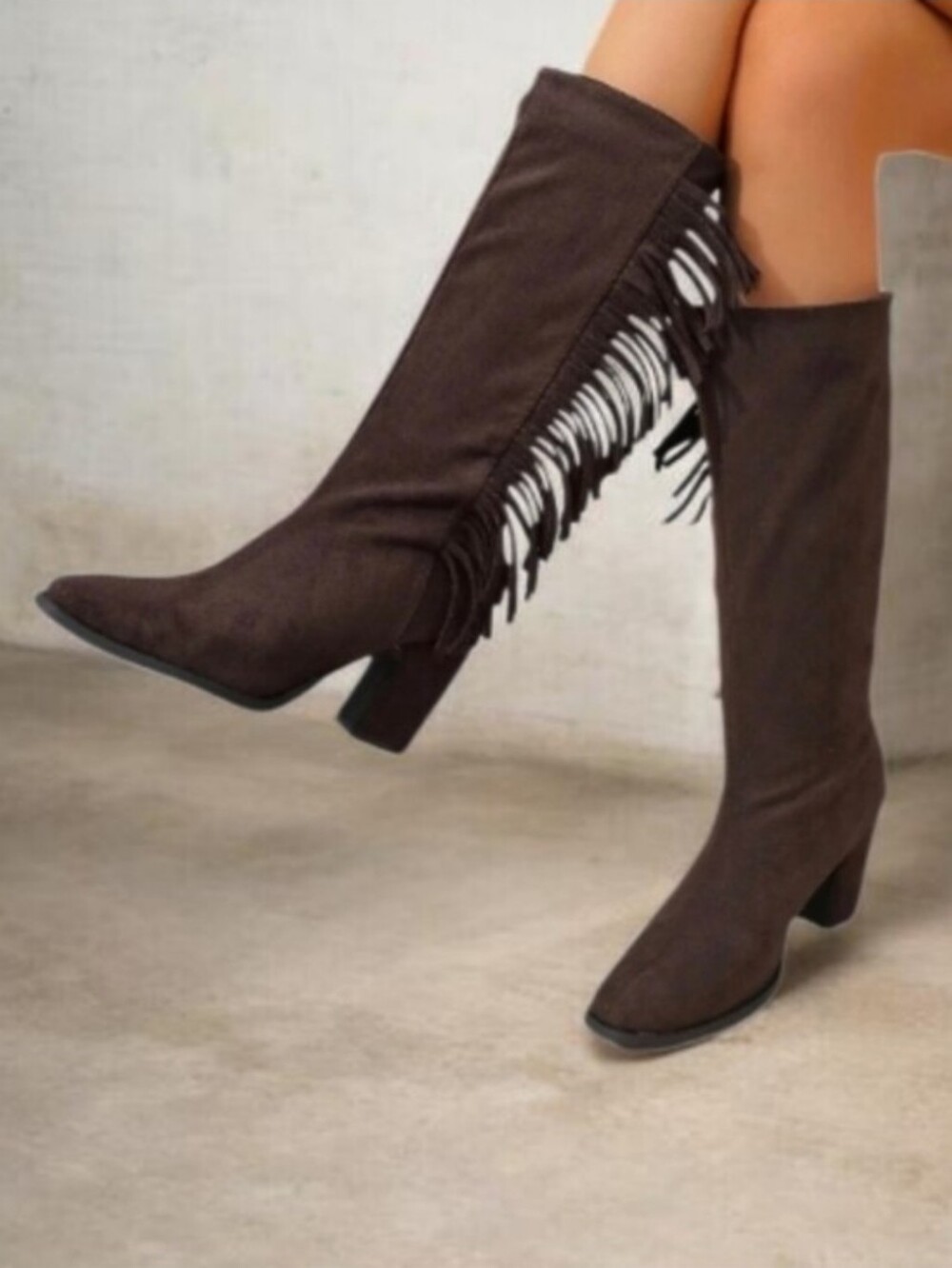Universal Thread Dark Brown Fringe Knee-High Block Heel Boots